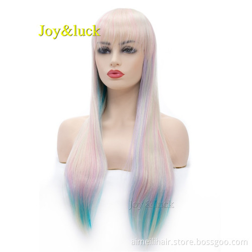 Long Straight Wig 24 inch Blonde Rainbow Colored Synthetic Wigs for Women Daily or Cosplay Wig Hair Style